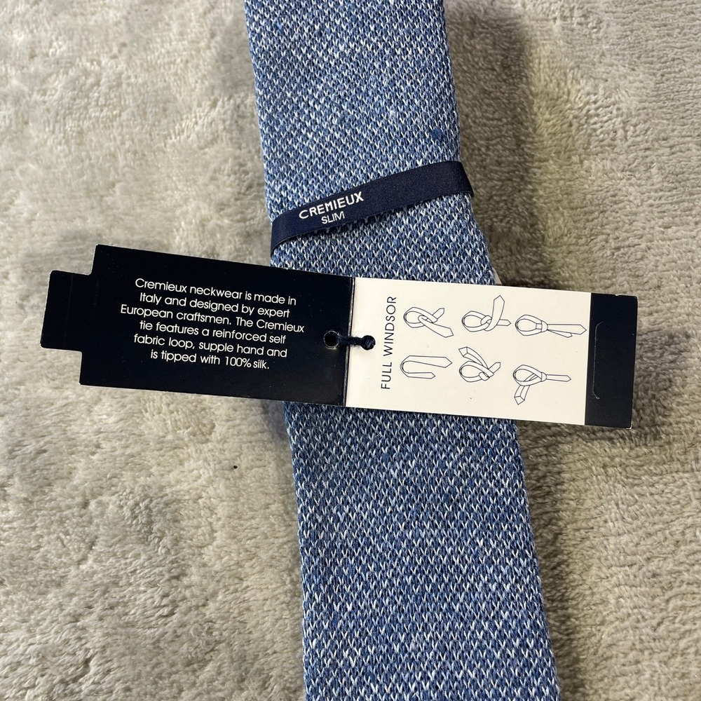 Cremieux Slim Necktie Tie Blue White Linen Silk Knit Italy Minimalist Luxury - Picture 6 of 8